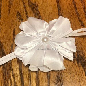 White Satin Flower w/ Pearl Center Headband HANDCRAFTED